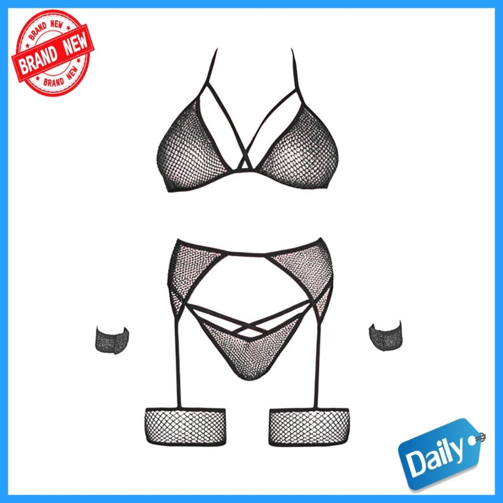 Shimmer Fishnet Lingerie Set with Garter Harness & Wrist Ties